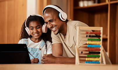 Image showing Headphones, home education and father with kid for video call, math learning and e teaching support in online class. Family or dad with girl child on computer excited for teaching sound development