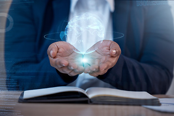 Image showing Business woman palm with global hologram for worldwide connection, globe data and cybersecurity planning on notebook. Holographic, digital world and planet earth of person hands in futuristic overlay