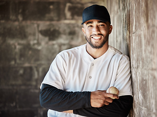 Image showing Wall background, baseball and portrait of man with ball ready for game, match and practice in stadium. Softball mockup, sports and happy player smile in dugout for training, exercise and competition