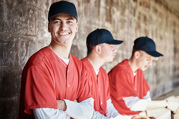 Image showing Baseball, team and man with smile in portrait, sports and professional club with young athlete and fitness. Sport, happiness and exercise with active lifestyle, softball and group outdoor