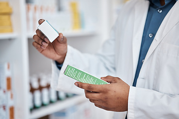 Image showing Pharmacy check, black man hands and medicine ingredients checking and pills. Pharmacist, drugs search and pharmaceutical products in a retail shop or clinic with healthcare and wellness employee