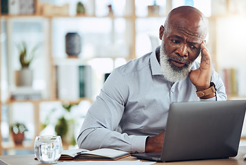 Image showing Stress, headache and frustrated black man on laptop in office with 404 technology glitch, crisis or online problem. Business, burnout and computer mistake with anxiety, confused or stock market crash