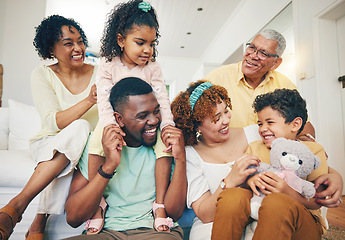 Image showing Black family, smile and living room sofa with senior people, parent love and care in home. Lounge, happiness and children with mom and dad feeling happy with kids on couch with mama and grandparents