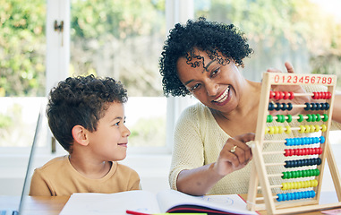 Image showing Education, grandmother or child learning math for kindergarten school homework or abacus at home. Smile, counting or happy senior woman working or helping a smart young boy student with development