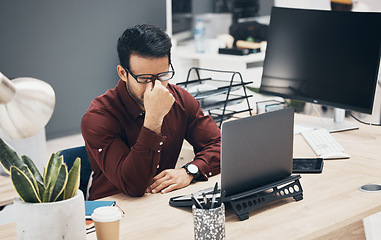 Image showing Employee, headache and man with burnout, stress and laptop or depression in workplace, for schedule. Male entrepreneur, consultant and worker with migraine, planning and device with anxiety