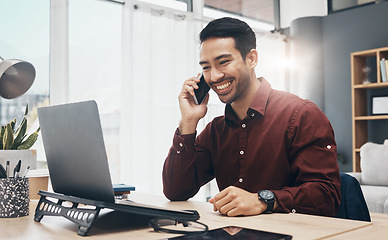 Image showing Networking phone call, laptop and man listening to funny joke from digital business contact. Happiness, communication chat and happy person, consultant or manager talking, speaking or in conversation