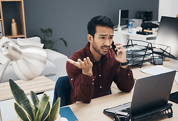 Image showing Frustrated phone call, laptop problem and man talking to tech contact for computer glitch, 404 error or database crash. System crisis, stress and person consulting on website glitch or software fail