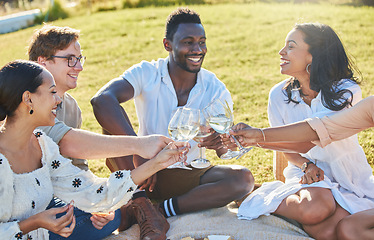 Image showing Toast, nature or friends on a picnic to relax on holiday vacation to celebrate diversity or freedom. Cheers, wine and people with a happy smile, support or love in celebration of birthday or reunion