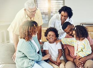 Image showing Happy family, love and support with generations, solidarity and trust with grandparents, parents and children. Together, unity and people relax at home with bonding, smile and happiness with care