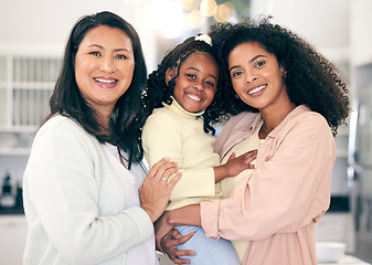 Image showing Portrait of lgbt family, women with child and love in multiracial relationship with happy adoption. Diversity, pride and mothers with girl, lesbian couple with smile, support and loving home together