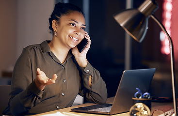 Image showing Phone call communication, night or business woman explain idea, proposal or plan on digital chat with investment contact. Networking conversation, discussion or person talking, speaking or consulting