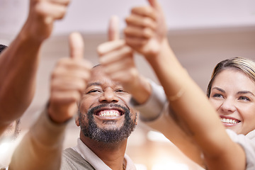 Image showing Thumbs up, winning and group of people with thank you, support and diversity hands sign for solidarity, yes or like. Vote, goals and winner team or business staff teamwork, agreement and well done