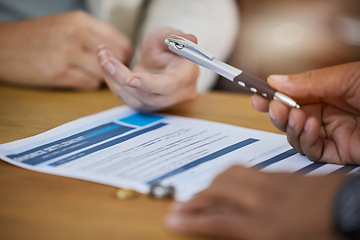 Image showing Business, hands and contract with pen for signature, recruitment or hiring form on office desk. Hand of people in partnership, b2b or writing application for legal approval or confirmation on table