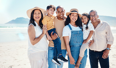 Image showing Portrait, beach and black family bonding in nature outdoor together on vacation during summer. Happy, smile or love with children, parents and grandparents on the coast or shore for a holiday