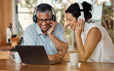 Image showing Headphones, laptop and senior couple on video call in home, chatting and talking. Technology, computer and happy, elderly and retired man and woman laughing and streaming a funny online conversation