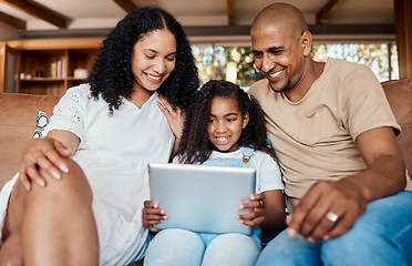 Image showing Family, relax and girl with tablet on sofa in home living room for social media, video streaming or internet browsing. Technology, love and happy father, mama and child with touchscreen for learning.