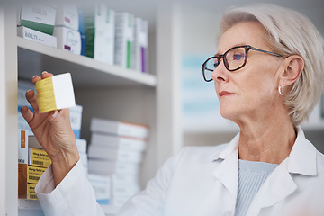 Image showing Pharmacist, pharmacy and woman reading side effects on medication label, pills or box in drugstore. Healthcare, wellness and medical doctor looking at medicine, antibiotics or drugs or vitamins