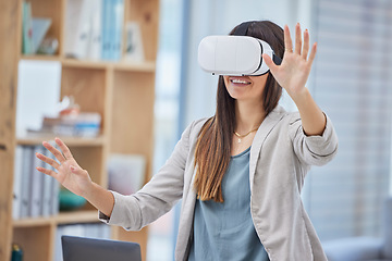 Image showing Vr, virtual reality and business woman in office exploring metaverse with digital technology. 3d, ai and happy female employee with futuristic headset for gaming, web browsing or fantasy simulation.