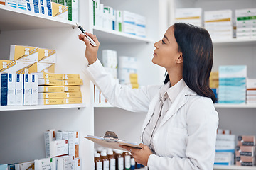 Image showing Pharmacy inventory check, Indian woman and checklist of medicine and pills. Pharmacist, stock work and pharmaceutical products in a retail shop or clinic with healthcare and wellness employee