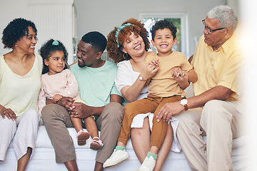 Image showing Family, home and living room sofa of a mother, father and children with happiness. Happy, grandparents and bonding of a mom, dad and young kids together having fun with parent love and support