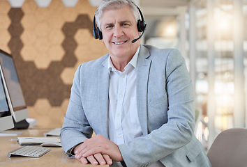 Image showing Callcenter, smile and portrait of senior man with headset, computer and confidence in consulting office. Ceo, help desk and mature businessman at advisory agency, contact us and crm networking online