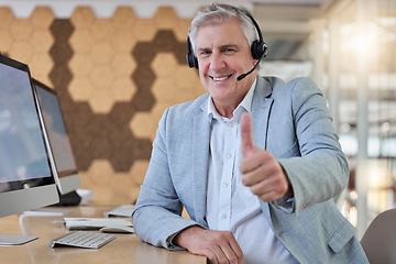 Image showing Call center, smile and portrait of senior man with thumbs up, computer and headset in consulting office. Ceo, help desk and mature businessman at advisory agency, contact us and crm networking online