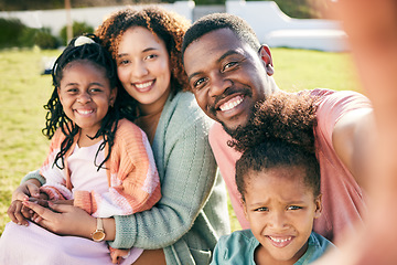 Image showing Selfie, black family and parents with kids, smile in backyard and outdoor weekend fun together. Happiness, love and sun, mother and father with happy children relax and quality time in summer garden.