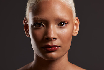 Image showing Beauty, makeup and zoom, face of black woman in dark studio with platinum hair isolated on grey background. Art aesthetic, cosmetics and portrait of African model in skin glow and luxury spa facial.