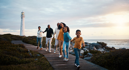 Image showing Family, walking or sunset with parents, black kids and grandparents spending time together in nature. Spring, love or environment with children and senior relatives taking a walk while bonding