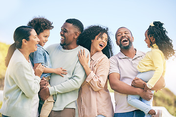 Image showing Love, children and black family laughing in the garden of a home together, having fun outdoor during summer. Laughter, park or comic with parents, grandparents and kids bonding or joking outside