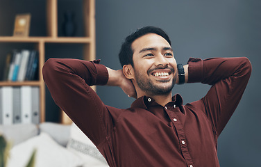 Image showing Relax, smile and business man in office after completing project or task in workplace. Success, calm thinking and happy male professional relaxing or resting after finishing working goals or targets.