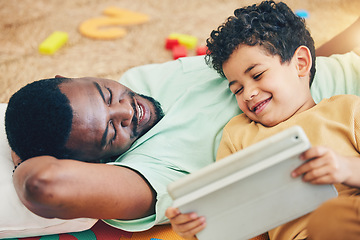 Image showing Relax, streaming and tablet with father and son for elearning, bonding and watching subscription service. Happiness, technology and multimedia with black man and boy in family home for show and games