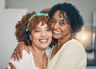 Image showing Mother, grandmother and portrait at home with happiness and bonding together in a house. Happy woman, senior female and smile of a mom and grandma on mothers day with a hug, love and care in lounge