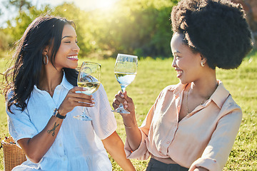 Image showing Black woman, friends and toast in park at picnic with glass, drinks or champagne for happiness in sunshine. Women, happy and celebration in summer, relax and smile together at outdoor party on grass