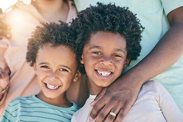 Image showing Portrait, children and boys siblings with parents smile, happy and excited for vacation or holiday with family outdoors. Kids, faces and African American young people joyful and relax on a trip