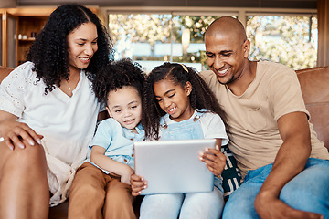 Image showing Tablet, happy family and kids with online video, movies or cartoon together for love, learning or bonding. Biracial mother, father and children watch film, show and relax on digital tech for holiday