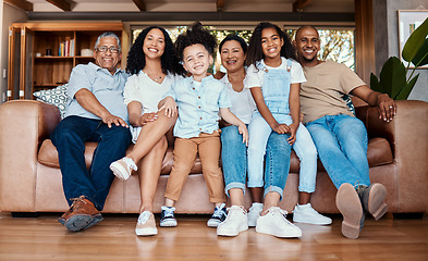 Image showing Black family portrait, living room sofa and bonding of a mother, father and kids on a couch with happiness. Happy, parent love and grandparent support of people laughing in a home together with smile