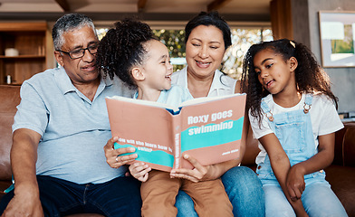 Image showing Children book, reading smile and grandparent helping kids with learning and story. House, living room and black family on a lounge couch with happiness and books together with love and support