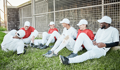 Image showing Baseball team talk, sport conversation and men smile on a stadium field with sports break. Diversity, softball group and friends with happiness and laughing outdoor before fitness, exercise and game