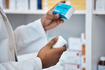 Image showing Pharmacy stock check, black man hands and supplements ingredients of medicine and pills. Pharmacist, work and pharmaceutical products in a retail shop or clinic with healthcare and wellness employee
