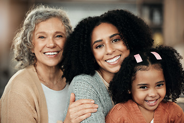 Image showing Children, parents and grandparents with the portrait of a black family bonding together in their home. Kids, love or relatives with a woman, senior grandmother and girl posing in the living room