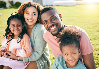 Image showing Family, relax on lawn in summer and smile in portrait, happiness with parents and children outdoor. Happy people sitting on grass, love and comfort with mother, father and kids in garden bonding