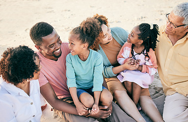 Image showing Big family, grandparents or children at beach to relax with girls or siblings on summer holiday together. Happy African dad, mom or young kids love bonding or relaxing with grandmother or grandfather