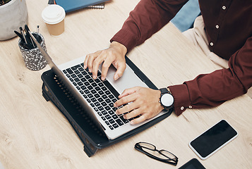 Image showing Business man, hands and laptop on desk, information technology and tech support top and working in office. Typing, glitch or 404 with software update, keyboard and male with digital problem solving