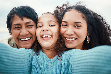 Image showing Happy family, portrait and selfie by girl with mother and grandmother outdoors together. Travel, face and picture with females on vacation in Bali, relax and bonding, carefree and embracing for photo