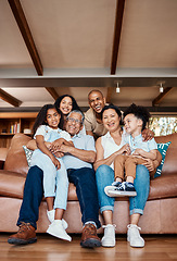 Image showing Love, portrait and happy big family relax, bonding and enjoy quality time together on house living room sofa. Happiness, home reunion and senior grandparents, parents and children smile in Costa Rica