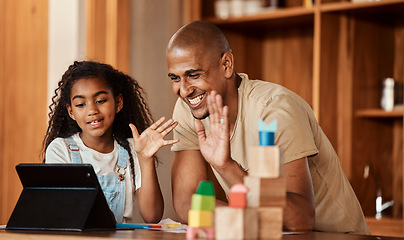 Image showing Education, video call and family with father and kid on tablet for online home school, remote elearning or child development. E learning, virtual lesson and happy student study with parent in class