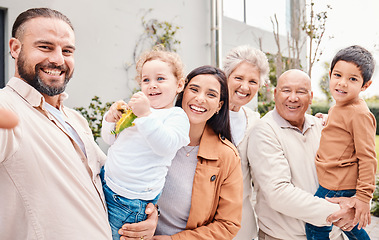 Image showing Selfie, family or love with parents, kids and grandparents posing for a picture outdoor in the home backyard. Photograph, social media or bonding with a man outside with senior relatives and children