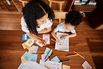 Image showing Learning, home and family with child from above for language helping, education and writing development. Mother or woman with kid creativity support and teaching him abc, creative and drawing skills