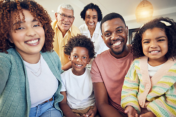 Image showing Happy, smile and selfie with black family in living room for social media, bonding and relax. Happiness, picture and generations with parents and children at home for memory, support and weekend